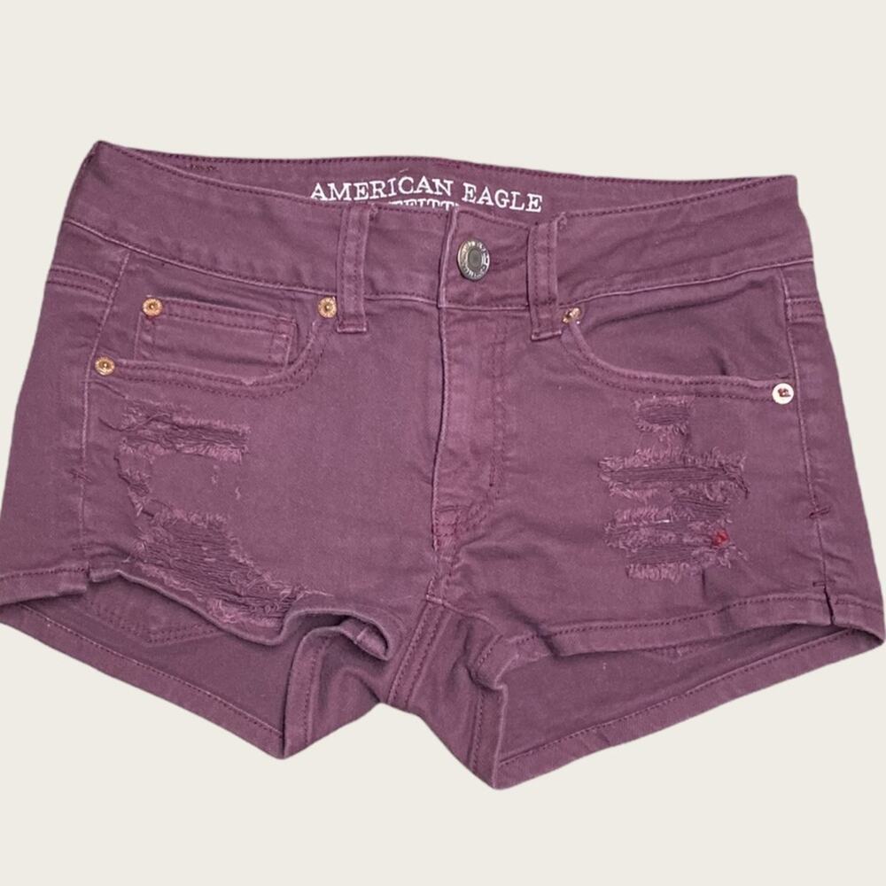 American Eagle Outfitters Destroyed Stretch Burgundy Shortie Jean Shorts Size 2